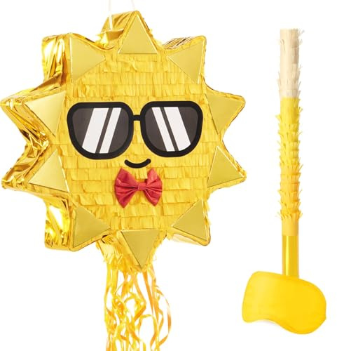 WERNNSAI Sun Pinata - Yellow Reversible Smiley Sun Pinata with Blindfold and Stick for Birthday Party carnivals Decoration Gender Reveal Supplies