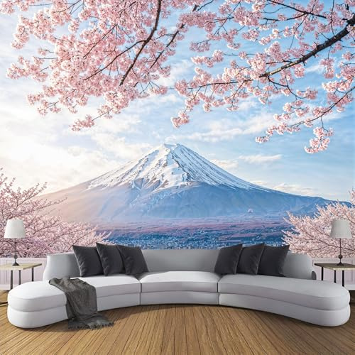 ZISTRCBAO Motif Papier Peint Soie Panoramique Cerisiers En Fleurs Du Mont Fuji, Papier Peint Paysages Japonais, 350x256cm Wallpaper Décoration Murale Pour Salon Chambre Bureau Couloir, Rose