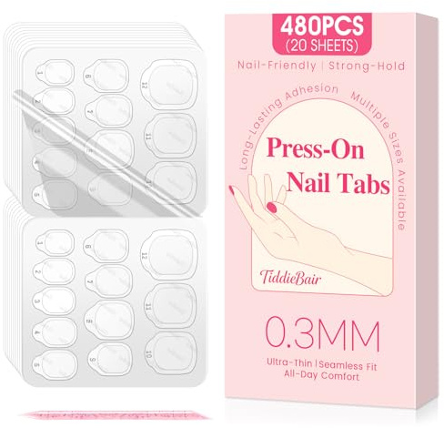 480pcs Strong Hold Nail Adhesive Tabs for Press On Nails –20 Sheets 480pcs 12 Sizes, 0.3mm Ultra Thin Waterproof Breathable Nail Glue Stickers, Daily Wear and Gentle Removal