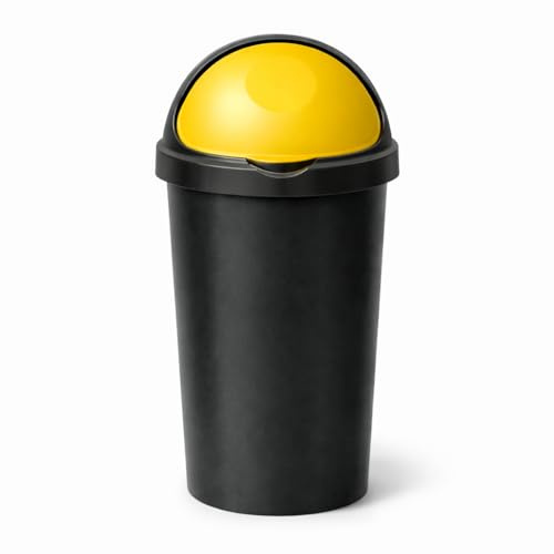 SPECTRAPLAST® 60L Bullet Bin Large Capacity Indoor & Outdoor Waste Bin – Heavy Duty Plastic Rubbish Bin with Flip Lid – Tall Black Base Dustbin for Kitchen, Office & Garden (YELLOW)