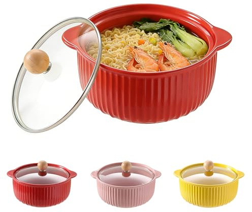 LUPATDY Plats à Four en Céramique 800 ml, Plats de Ronds Cuisson avec Poignées, Bol Ramen avec Couvercle, pour Viande, Légumes, Plat Four pour Friteuse à Air Chaud, Four, Micro-ondes, Rouge