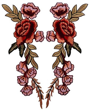 (Pack of 2) 7 Peony Flowers on Vine Embroidered Appliques Sew or Iron on Patches(Red)