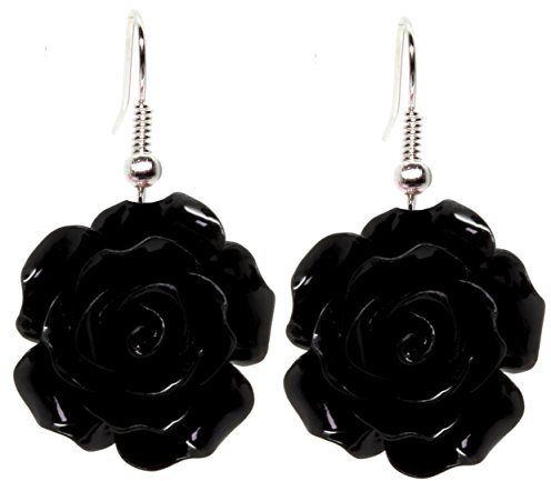 Bluebubble ENGLISH ROSE 22mm Midnight Black Carved Rose DANGLE Earrings on Gift Card