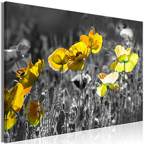 decomonkey Bilder Mohnblumen 90x60 cm 1 Teilig Leinwandbilder Bild auf Leinwand Vlies Wandbild Kunstdruck Wanddeko Wand Wohnzimmer Wanddekoration Deko Blumen Natur schwarz-weiß gelb