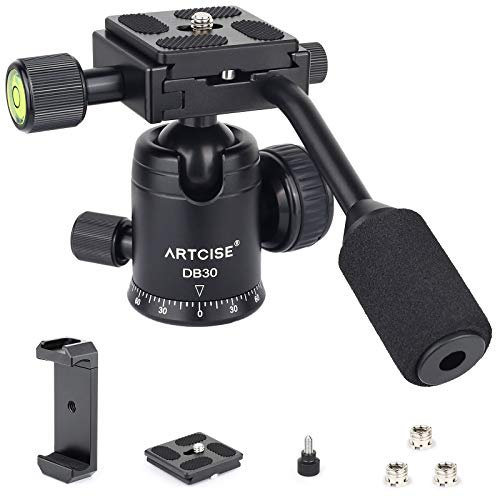 Tripod Ball Head with Handle, D30 All Metal CNC Panoramic Monopod Ball Head Camera Mount with 2 1/4 Quick Release Plates, Max Load 22lbs/10kg, Compatible with DSLR, Camcorder, Telescope, etc.