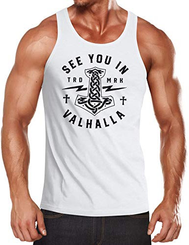 Neverless® Herren Tank-Top See You in Valhalla Valknut Mjölnir Thor Hammer Muskelshirt Muscle Shirt weiß M
