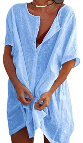 Colisha Womens Short Sleeve Linen Tops Casual V-Neck Button-Down Blouse Long Shirts Loose Plus Size Tunic 4XL Blue