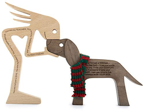 KINGNOW Holzskulptur für Mädchen und Hund, geschnitzte Holzfiguren, Schreibtischdekoration, Heimakzente, Haustierliebhaber, Geschenke (große Größe)