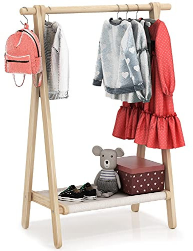 VOGUSLAND Kleiderständer, Kinder-Kleiderständer, Kinder-Kleiderständer mit Ablagefach (natürliche Buche, 74,9 cm L x 36,8 cm B x 101,6 cm H)