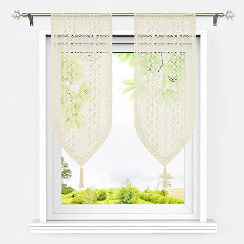HeichkelL Häkelspitze Scheibengardinen Bistrogardine Landhausstil Tunnelzug Vorhänge 2 Teilig Blickdicht Gehäkelte Kurzstores Beige#1 BxH 40x60 cm