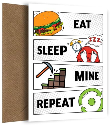 Hey Chimp Gamer Geburtstagskarte für Sohn Erwachsener Enkel Junge – Eat Sleep Mine Repeat – Gaming Geburtstagskarte für 10-jährige Jungen, 11., 12., 13., 14., 15., 16
