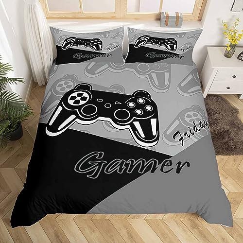 Gamer Duvet Cover Set Gaming Bedding Set for Teens Boys Video Game Decor Comforter Cover Game Controller Quilt Cover 1 Duvet Cover with 1 Pillowcases Single Black Grey