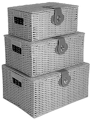 Innoteck Essentials Wicker Woven Storage Baskets Hamper Box with Lid Set of 3 - Decorative Kitchen Bathroom Hamper - Portable Basket with Handle - Ideal for Home/Office & Gifts Hamper (Grey)