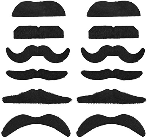 Balinco 12-teiliges Set Selbstklebende Schwarze Schnurrbart Klebebärte als perfektes Accessoire für Damen und Herren Kostüme zum Karneval / Fasching