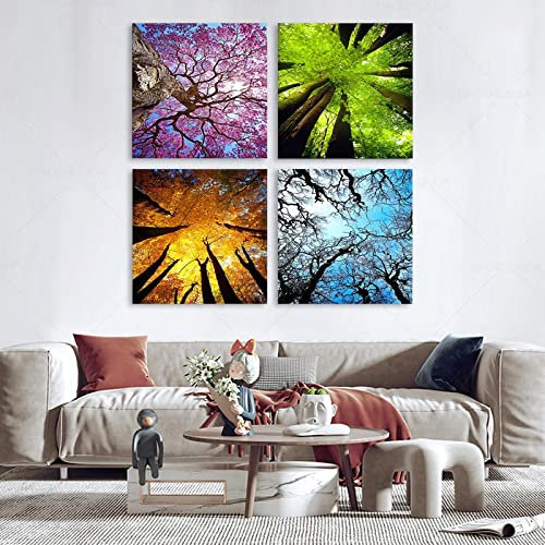 OCEANGOD 4 Paneele Leinwand Wandkunst Frühling Sommer Herbst Winter Vier Jahreszeiten Landschaft Farbe Baum Gemälde Bild Drucke Moderne Kunstwerke 55x55cmx4pcs Rahmenlos
