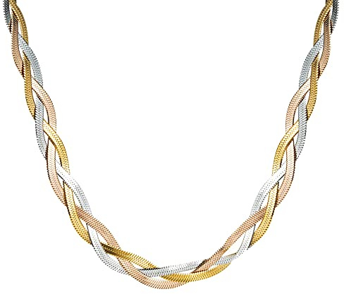 JAJAFOOK Stainless Steel Tricolor Choker Necklace Tri Braided Herringbone Chain Necklace for Women