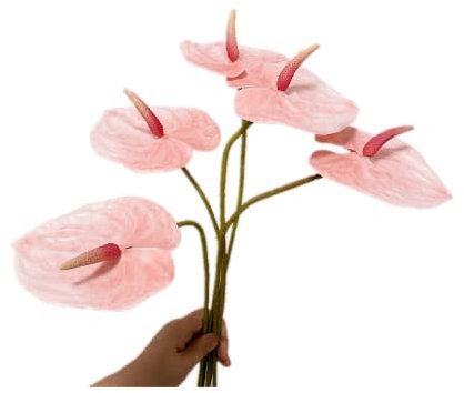 5pcs 24in/61cm Artificial Anthurium Lily Flowers Permanent for Home Decor Bouquet and Green Leaf for Home Bridal Wedding Festival Party,Store Decor Small Flower Bouquet Accessories(Light Pink)