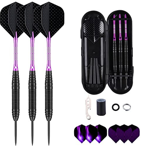 sanfeng Dartpfeile mit Metallspitze Steeldarts 22 Gramm mit Lila Aluminum Schafts 9 Flights, 50 Anti-Lose Gummiringe 12 Spring Rings 1 Dart Tool Sharpener