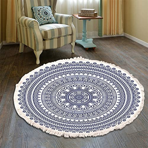 Bohemian Teppich Rund - Mandala Muster Mit Quasten, Waschbarer Baumwolle für Wohnzimmer Schlafzimmer (60cm, Blau)