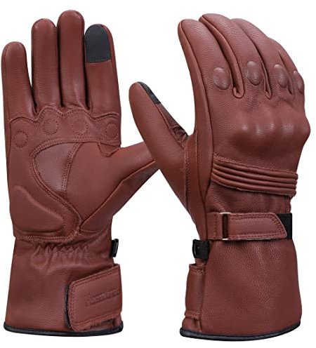 Harssidanzar Leder Motorradhandschuhe,Herren Winter echtes Leder Vollfinger Touchscreen Thermisch gefüttert mit Wasserdichten Thinsulate Motorrad Motorrad Reithandschuhen KM048,Satte,Größe M