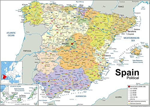 I MAPS Politische Karte von Spanien, Größe A2, 59,4 x 42 cm, laminiertes Papier