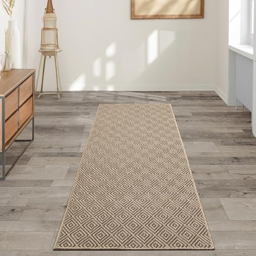 the carpet Kansas - robuster In- und Outdoor Teppich im natürlichen Jute-Look, wetterfest, geeignet für Terrasse und Garten, Raute, ca. 80 x 250 cm