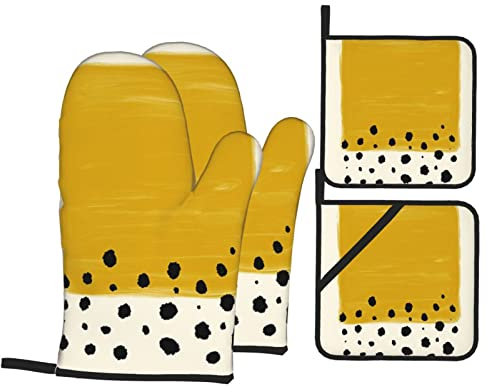Lot de 4 maniques et maniques résistants à la chaleur – Jaune moutarde et noir imprimés de cuisine antidérapants et imperméables pour la cuisson, le barbecue