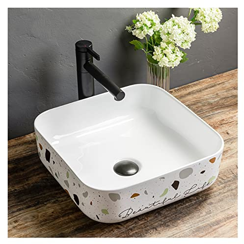 Waschbecken quadratisch 15,1X15,1 Modernes Porzellan über der Theke Waschbecken Badezimmer Weiß Schale Keramikwaschbecken mit schwarzem Wasserhahn und versenkbarem Ablauf (ohne Überlaufloch