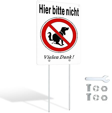 SINMAO Hundeschilder für Gartenzaun Schild Metall mit Erdspieß Alu Schild Hunde Verboten Lustig 30x20cm Inklusive Montagezubehör und Schraubenschlüssel