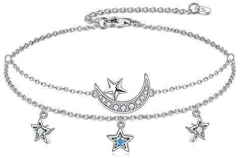YAFEINI Bracelet de cheville pour femme en argent sterling 925 - Motif lune et étoile - Bracelet de cheville - Cadeau pour fille, 28 centimeters, Argent sterling