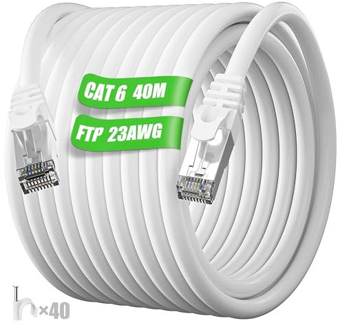 ikbc Cable Ethernet 40 metros, Cat 6 Cable de Red 40m FTP Blindado, Anti-interferencias Cable Internet 40 metros Alta Velocidad, Gigabit 23AWG Cable RJ45 Exterior para PS5/4 Rúter (40 Clips)
