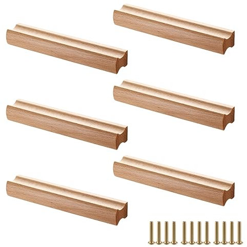 6 Piezas Tirador Madera, Tiradores de Madera para Armario con Tornillos, Distancia Entre Agujeros 64 mm, para Armarios, Baños, Oficinas y Cocinas
