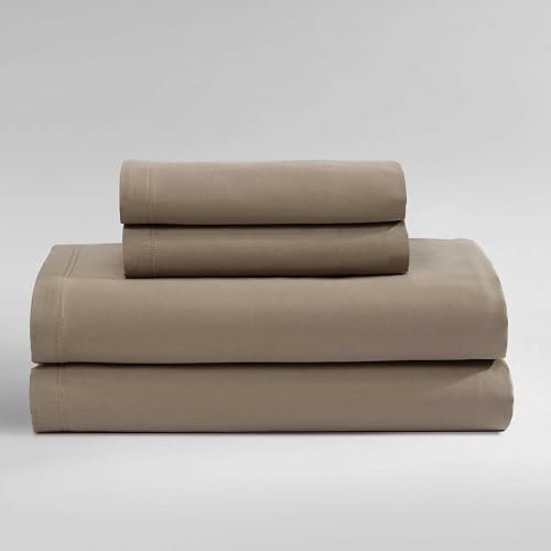 Calvin Klein Queen-Bettlaken, Bio-Baumwoll-Satin-Bettwäsche-Set, luxuriös weiche Heimdekoration, GOTS-Zertifiziert (Bio-Erdmoka-Braun, Queen)