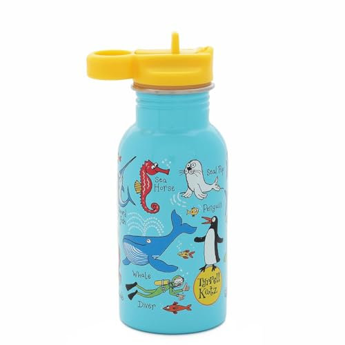 Tyrrell Katz Kids Ocean Printed Drinking Bottle in Blue with Straw - Stainless Steel Dishwasher Safe Children's School Water Flask - 400 ml