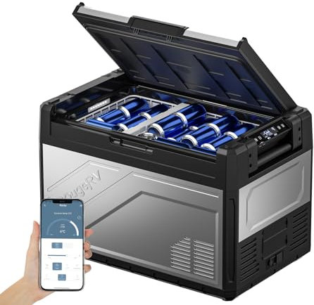 BougeRV Rocky 52L Kompressor Kühlbox Auto mit Gefrierfach Metallgehäuse APP-Steuerung, Abnehmbare Trennwand, Zweizonen-Temperaturregelung, Tragbarer Kühlschrank 12/24V 110-240V für Camping Reisen Boot