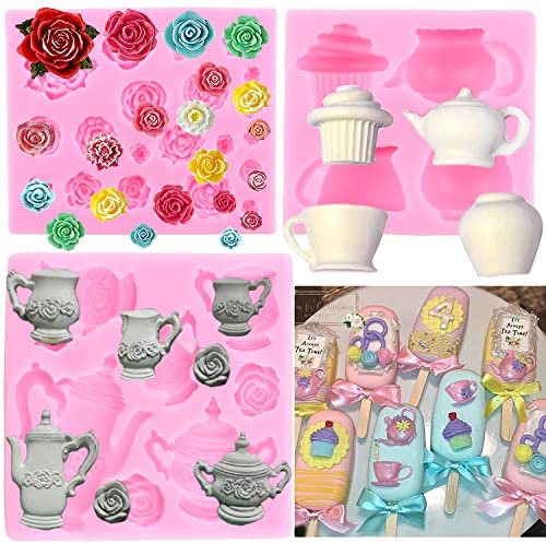 RFGHAC Tea Party Cake Mould Teapot Fondant Moulds Tea Cup Silicone Mould Rose Flower Chocolate Moulds for Cupcake Decoration Candy Polymer Clay Set of 3