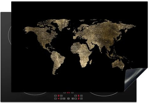 KitchenYeah© Protezione Piano Cottura Tappetino per Induzione 77x51 cm Cucina Proteggi Coprifornello Antiscivolo Mappa del mondo - Oro - Lusso - Nero