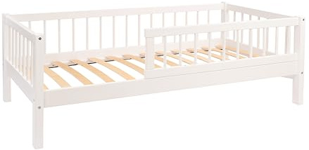 Alije Kinderbett Bett mit Rausfallschutz 90x140 Weiß NINA Lattenrost Bettgestell aus Kiefer Holz für Haus Kinder Jungen & Mädchen - Holzbett Baby Kinderzimmer Junge Deko