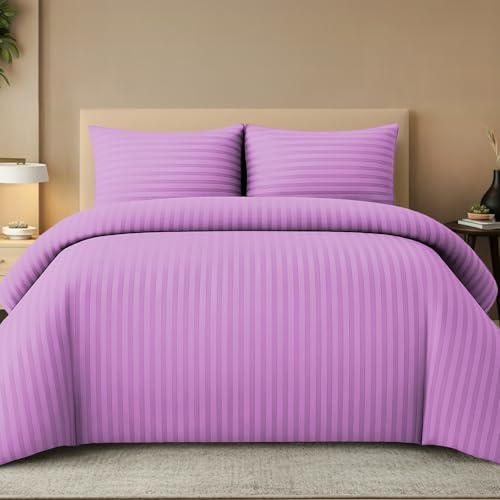 Pamposh Set copripiumino king size a righe satinate, qualità alberghiera, biancheria da letto ipoallergenica ultra morbida in microfibra