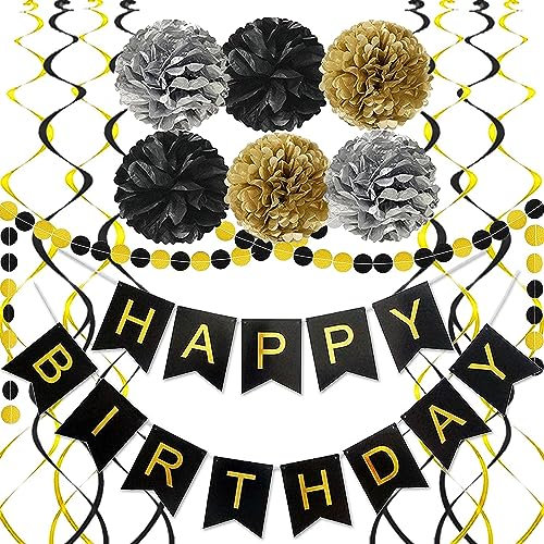 Geburtstagsdeko Schwarz Gold Silber 14 Stück SKYIOL Geburtstag Deko Set mit Happy Birthday Girlande Papier Pompoms Dot Banner Deckenhänger Spiral für Jungen Mann Geburtstag Deko