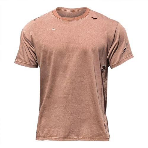 Dinnesis Herrenmode Frühling und Sommer lässig gestreift Kurzarm Rundhals einfarbig T-Shirt Armbanduhr Herren Flexibles Armband (Coffee, XL)