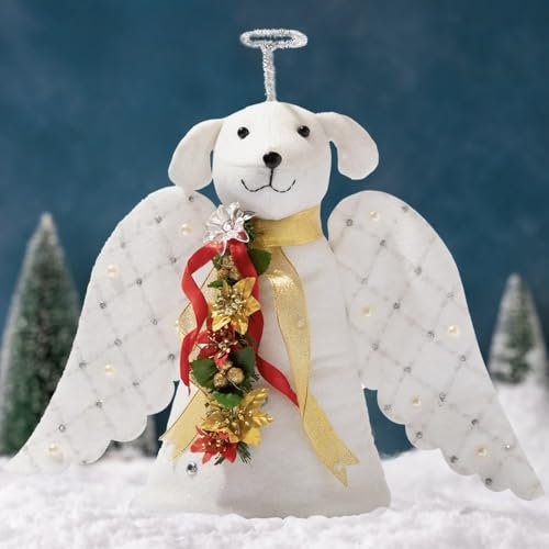 iHeartDogs Christmas Tree Topper - Original Dog Angel with LED Poinsettia Garland & Wings, White