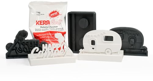 3er-Set Silikon-Formen „Campingwagen“ inkl. 1kg Keraflott Reliefgießpulver zur Herstellung handgegossener Teelichthalter und Einschiebe-Deko