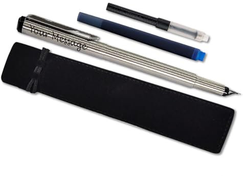Personalised Parker Vector Fountain Pen | With Colour Option (Blue or Black Ink Cartridge) & Converter | Elegant Gift Bag | Birthday Gift Perfect for Men & Women with Laser Engraving (Silver)