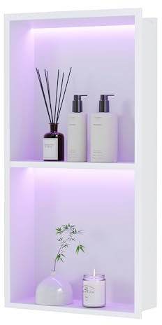 Neohomee Wandnische Dusche Edelstahl mit RGB LED-Licht, Doppel-Duschnische Weiß Lagerung mit Fernsteuerung für Badezimmer, 60 x 30 cm