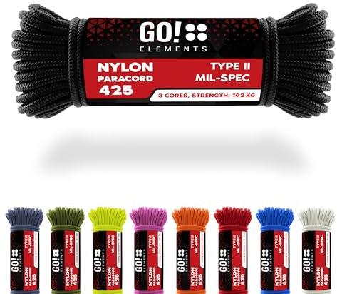 GO!elements Paracord in nylon antistrappo 3mm – Tipo II 425, linea multiuso per esterno e sopravvivenza, capacità max. 192kg