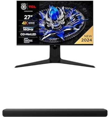 TCL 27R83U, MiniLED-Monitor mit 1100 Zonen und 4K 160 Hz + TCL S45HE 2.0 Kanal TV Partner Soundbar mit Dolby Atmos und DTS Virtual:X, AI Sonic-Adaptation Ready, unterstützt HDMI eARC, Bluetooth