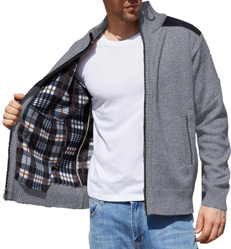 LUVCES Cardigan Invernale Uomo con Cerniera Patchwork Caldo Maglione Giacca a Maglia in Pile Colletto Rialzato Cardigan da Uomo con Tasche Grigio Chiaro XXL