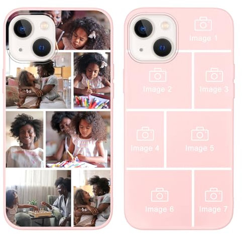 Yoedge Personalised Phone Case for iPhone 15 6.1 inch, Custom Photo Design Flexible Soft Silicone Customized Rubber Shockproof Cover, Personalize with 7 Image Collage for Girls Women, Pink Customize