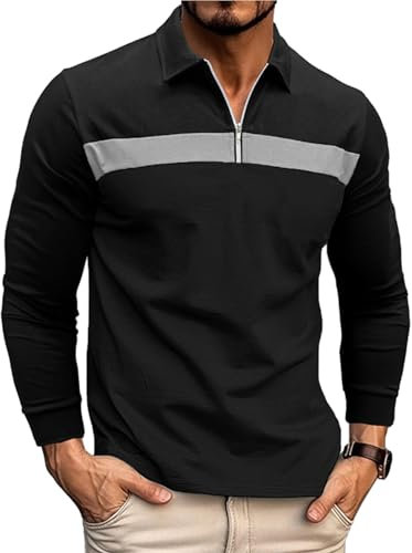 Ryehack Men's 1/4 Zip Polo Shirts Long Sleeve Casual Tops Golf T-Shirt Rugby Shirt Regular Fit S-3XL Black